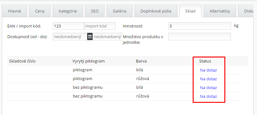 upravený skladový status ve variantách produktů