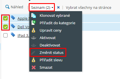 hromadná změna skladového statusu