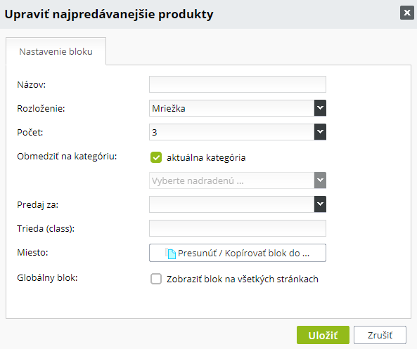 možnosti nastavení bloku Nejprodávanější produkty v e-shopu od ByznysWebu