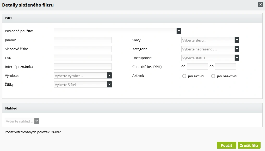filtr produktů v administraci e-shopu