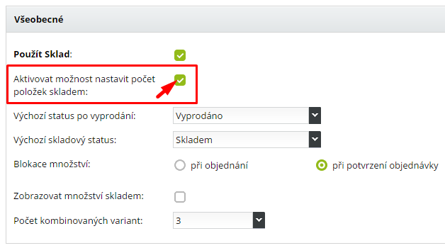 aktivace počtů položek skladem v e-shopu