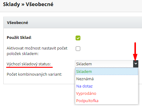 skladové dostupnosti, nastavení skladového statusu