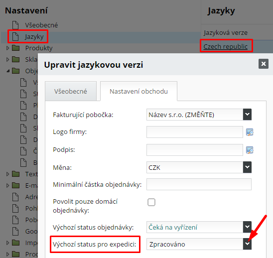 výchozí status pro expedici objednávky pro jazykovou verzi