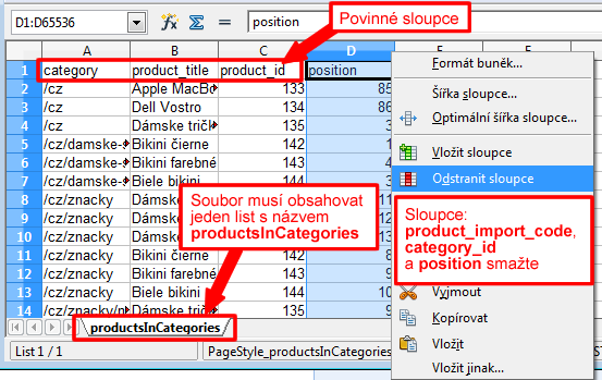 Zmena kategorie  produktu přes excel