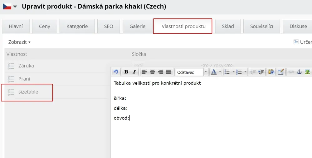Tabulka velikostí pro konkrétní produkt