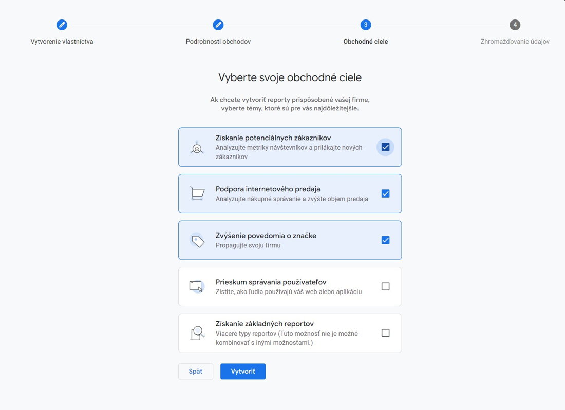Výběr obchodních cílů v GA4 - jak aktivovat Google Analytics 4