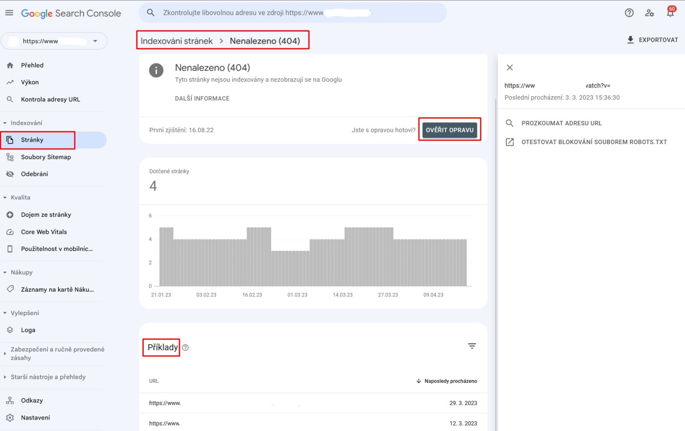 Google Search Console - opravy chyby 404