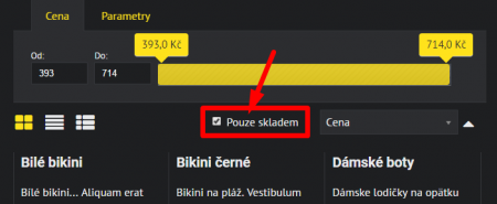 filtr produktů, které jsou skladem