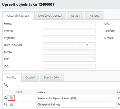 Produktový list v editaci objednávky