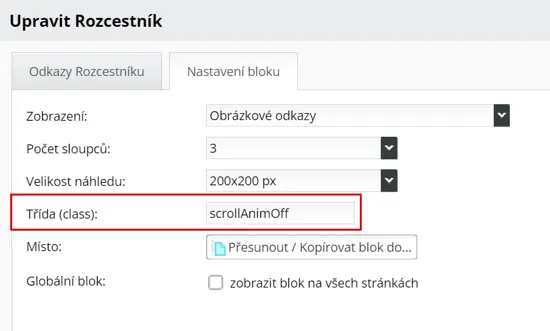 Vypnutí animace při posunu (scroll-ování) v konkrétním bloku přes třídu