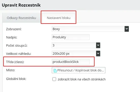 Stránky - Bloky - Nastavení bloku - Nastavení třídy (class)