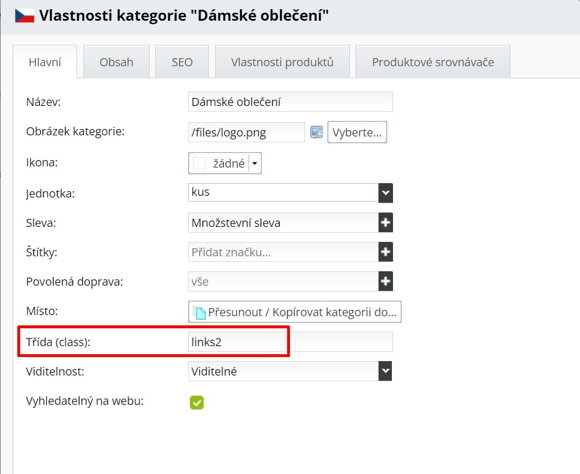 Vlastnosti kategorie : třída Links2