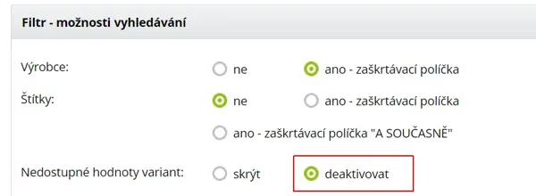 nastavení vyhledávání - zobrazí nedostupné hodnoty variant