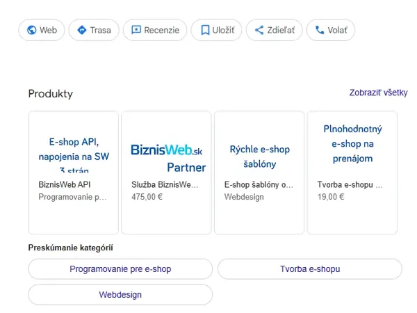 Google Firemní profil - Produkty