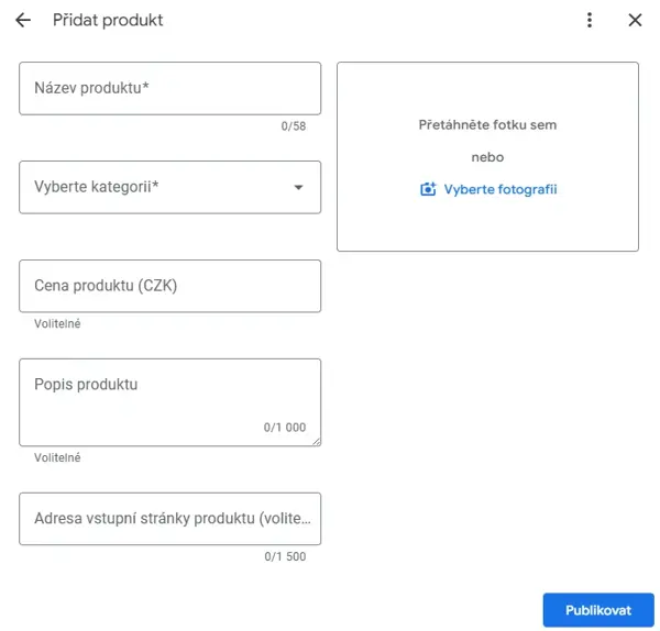 Google Firemní profil : rozhraní pro přidání informací o produktech
