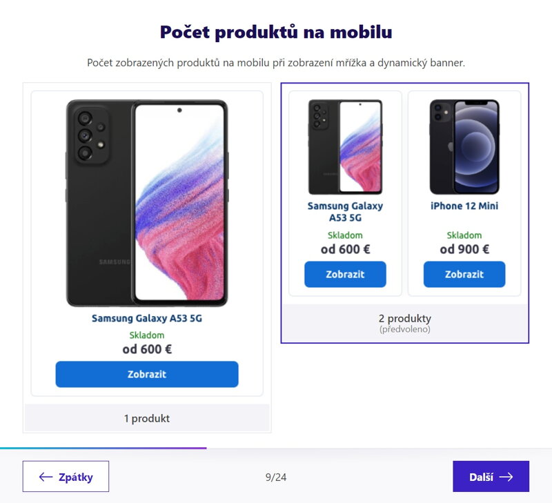 Ukázka zobrazení produktů v e-shopu (zobrazení produktů na mobilu) šablona Verona