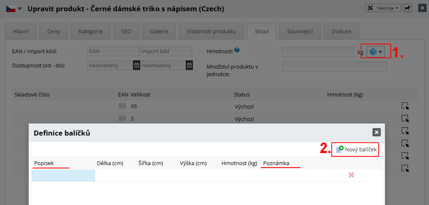Popisek a Poznámka - informace pro skladníka
