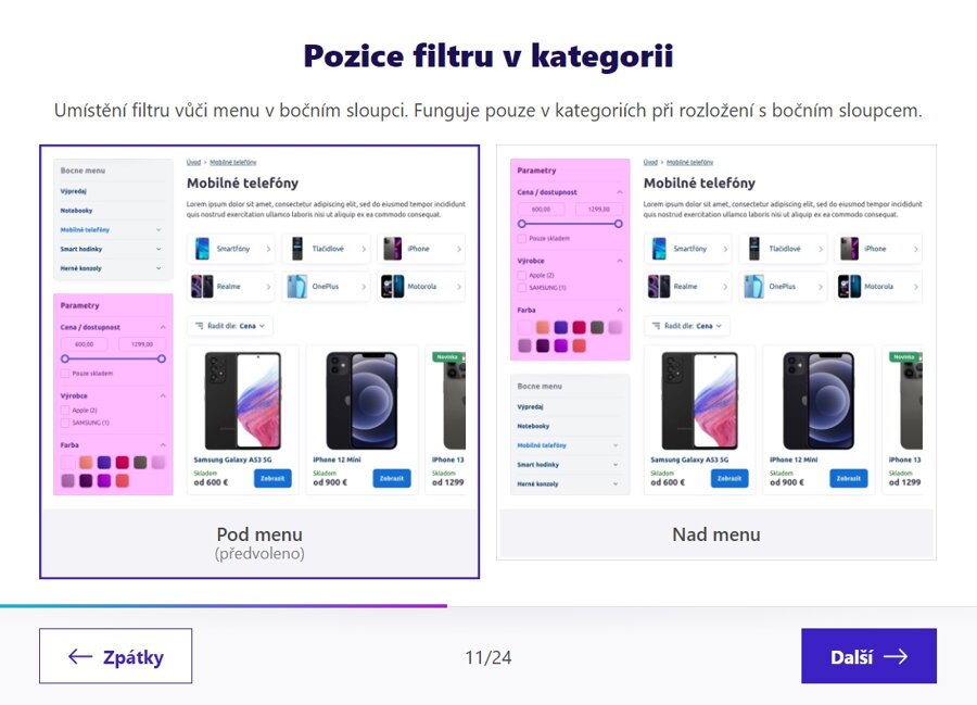 Umístění filtru produktů