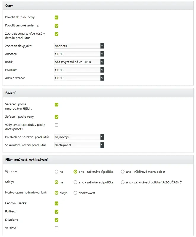 Nastavení produktů v e-shopu