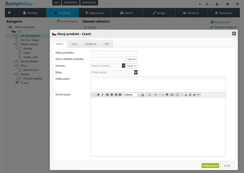 Potom přidáváme produkty do e-shopu