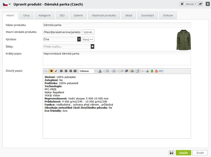 Co se dá vyplnit při vkládání produktu do e-shopu