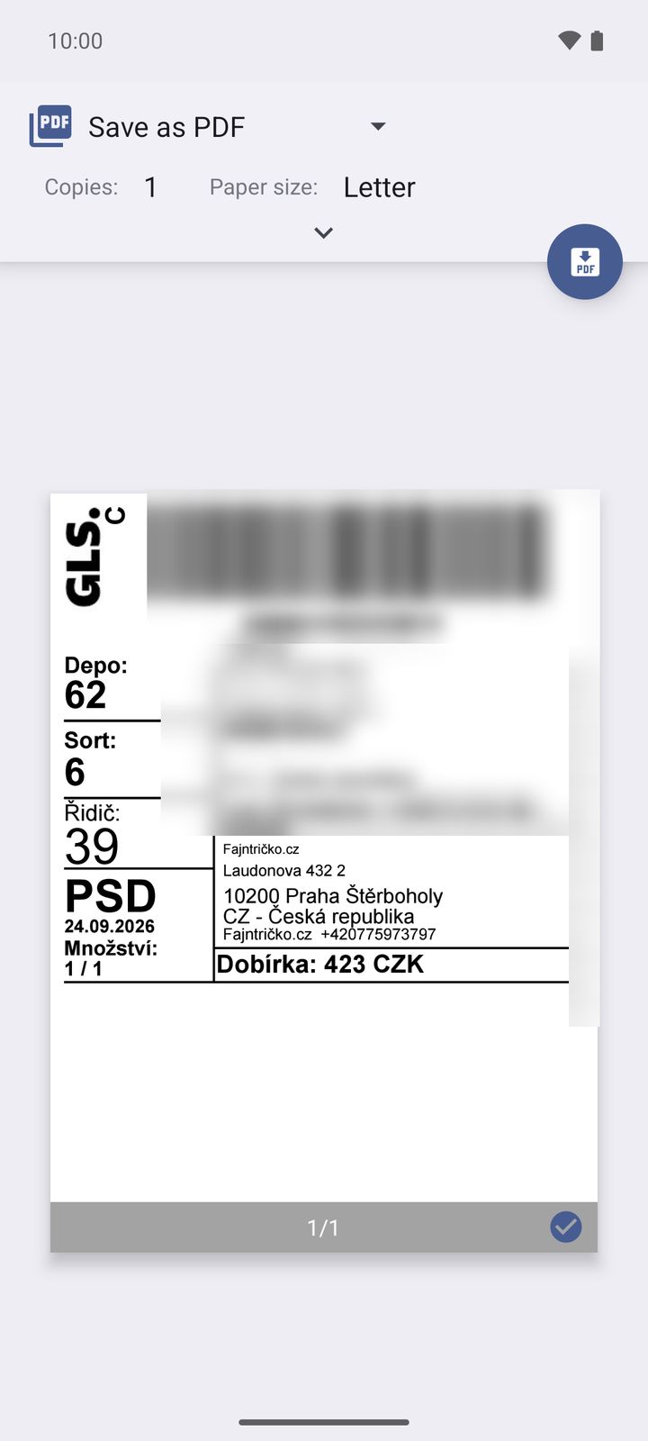 Tisk štítku dopravce (náhled v tiskovém dialogu Androidu)