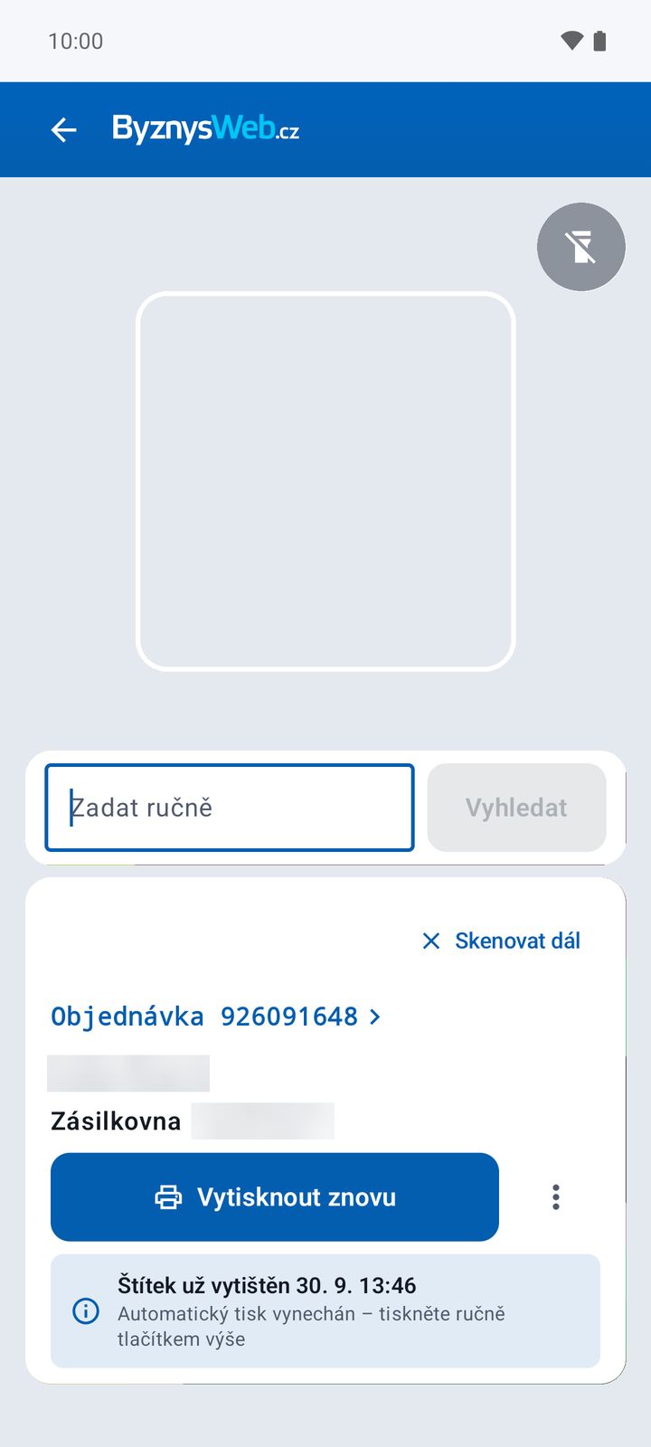 Skener kamerou s nalezenou objednávkou (plocha náhledu kamery je na snímku nahrazena neutrální barvou)
