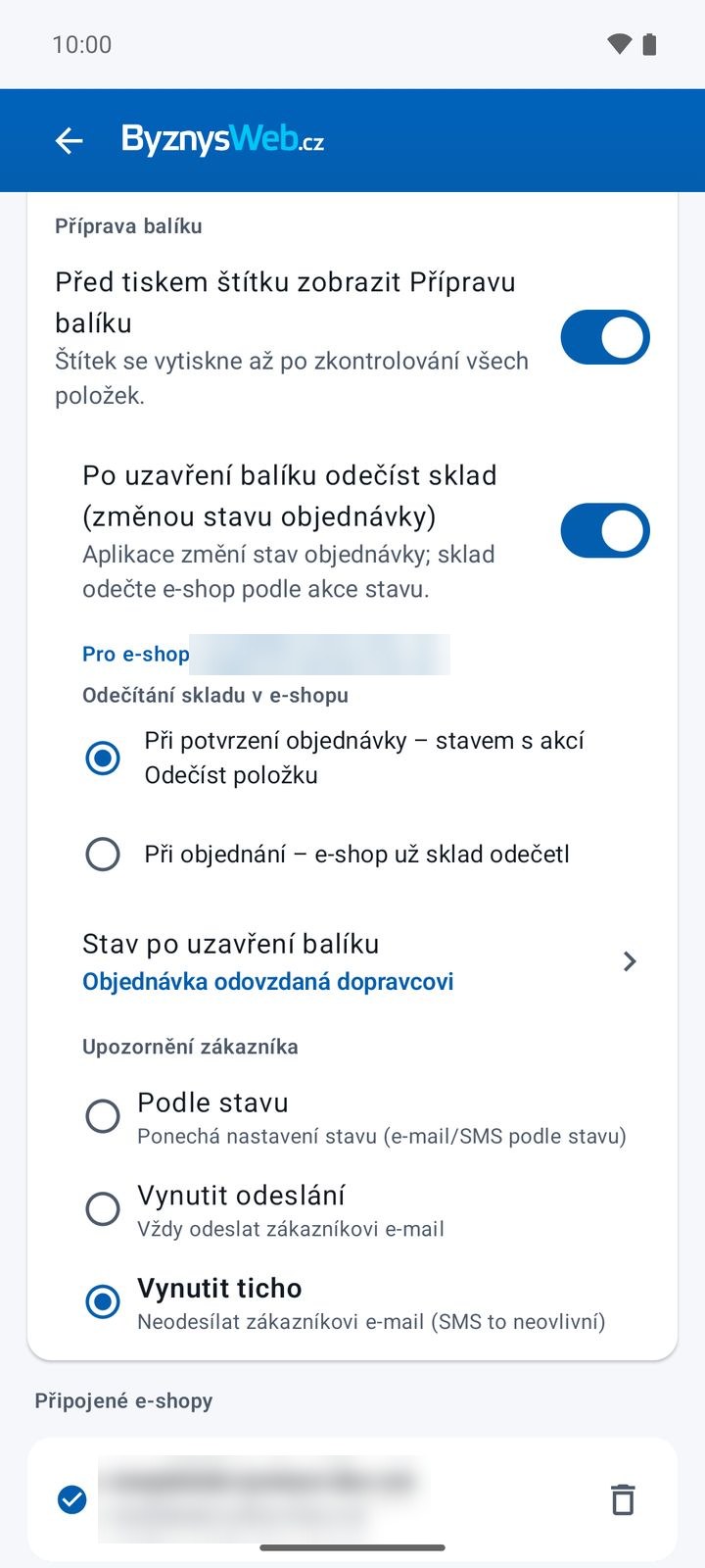 Nastavení: Příprava balíku, odečet skladu a stav po uzavření