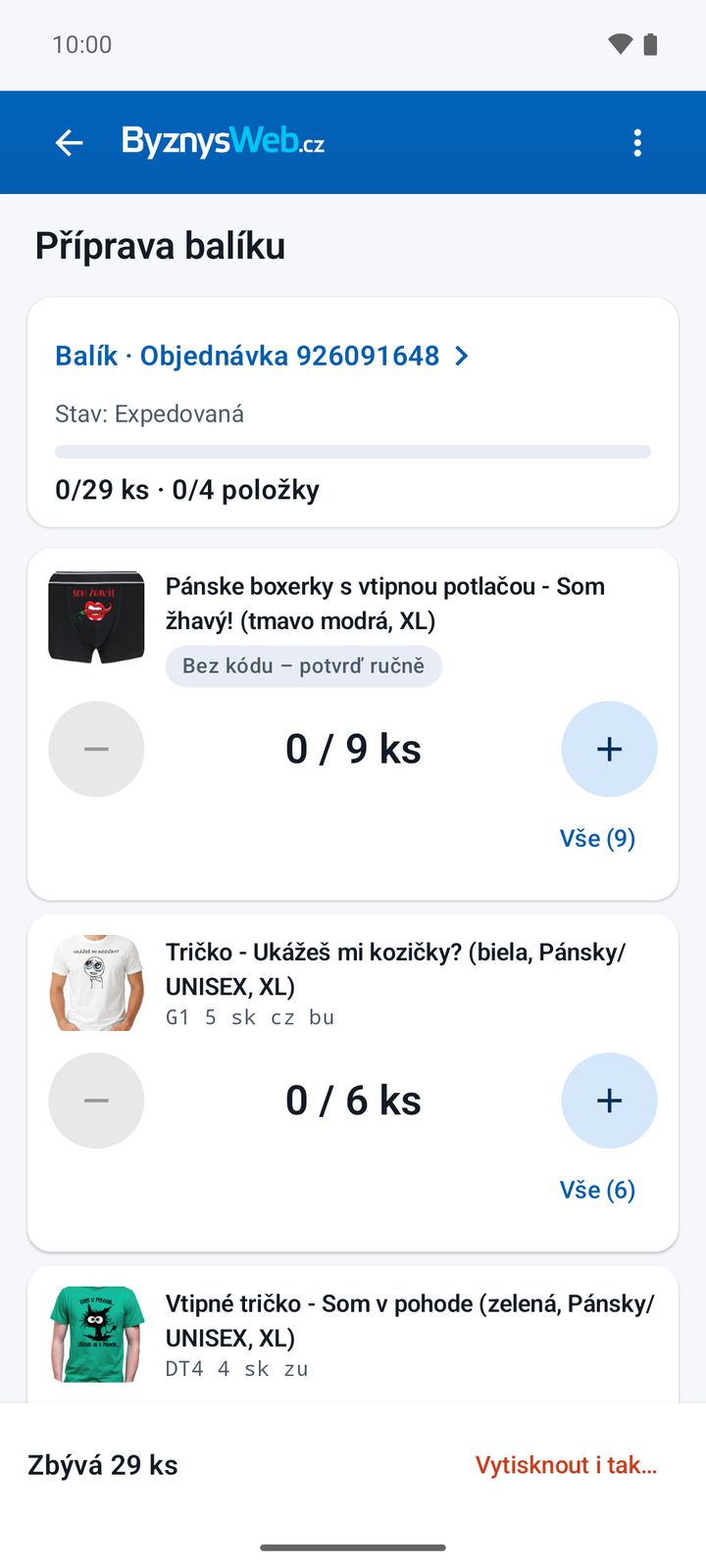 Začátek balení – 0 z 29 kusů