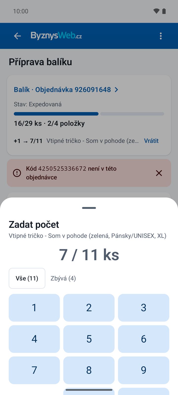 Zadání počtu kusů