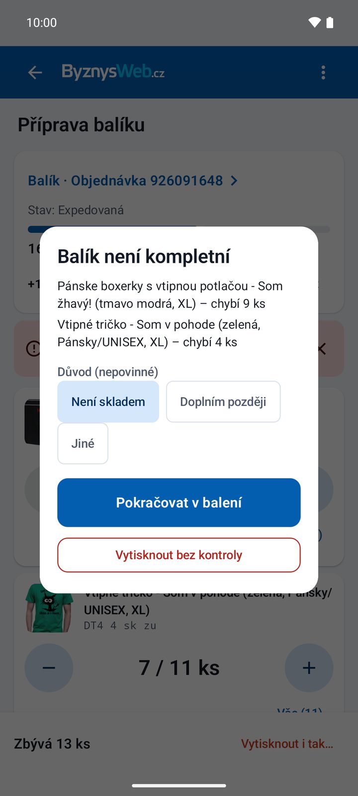 Nekompletní balík – potvrzení s důvodem