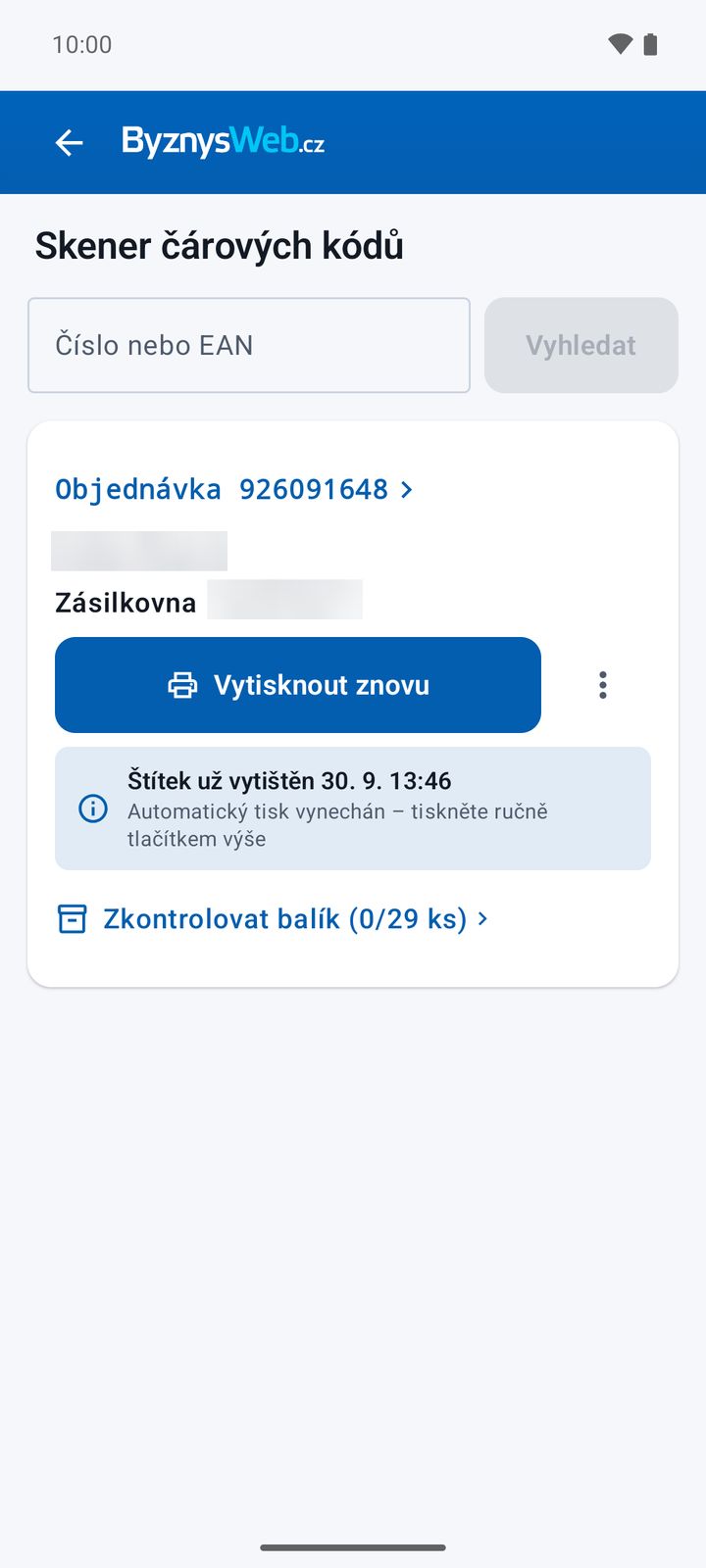 Opakovaný sken objednávky – odkaz na kontrolu balíku