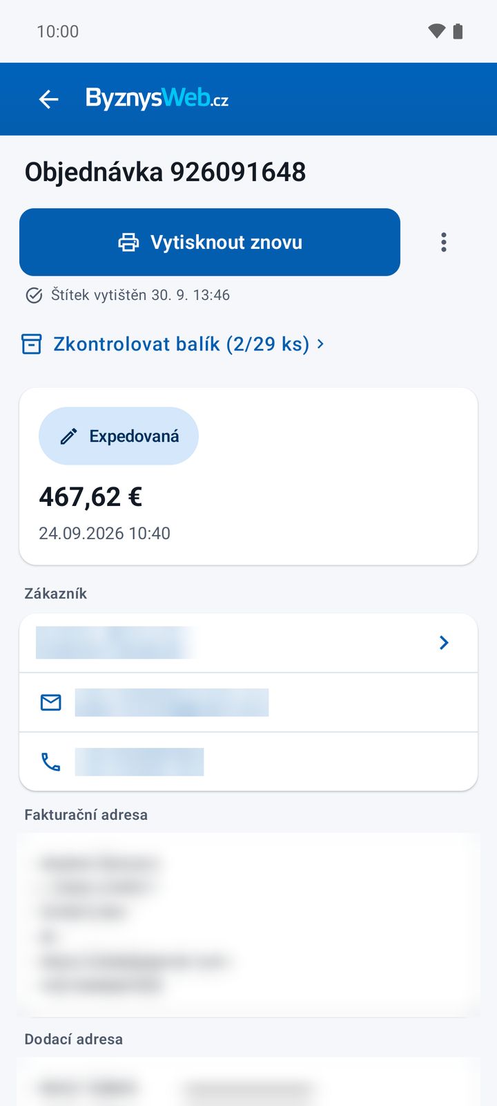 Detail objednávky s odkazem „Zkontrolovat balík“