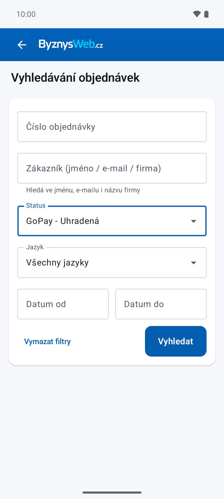 Filtr objednávek podle stavu