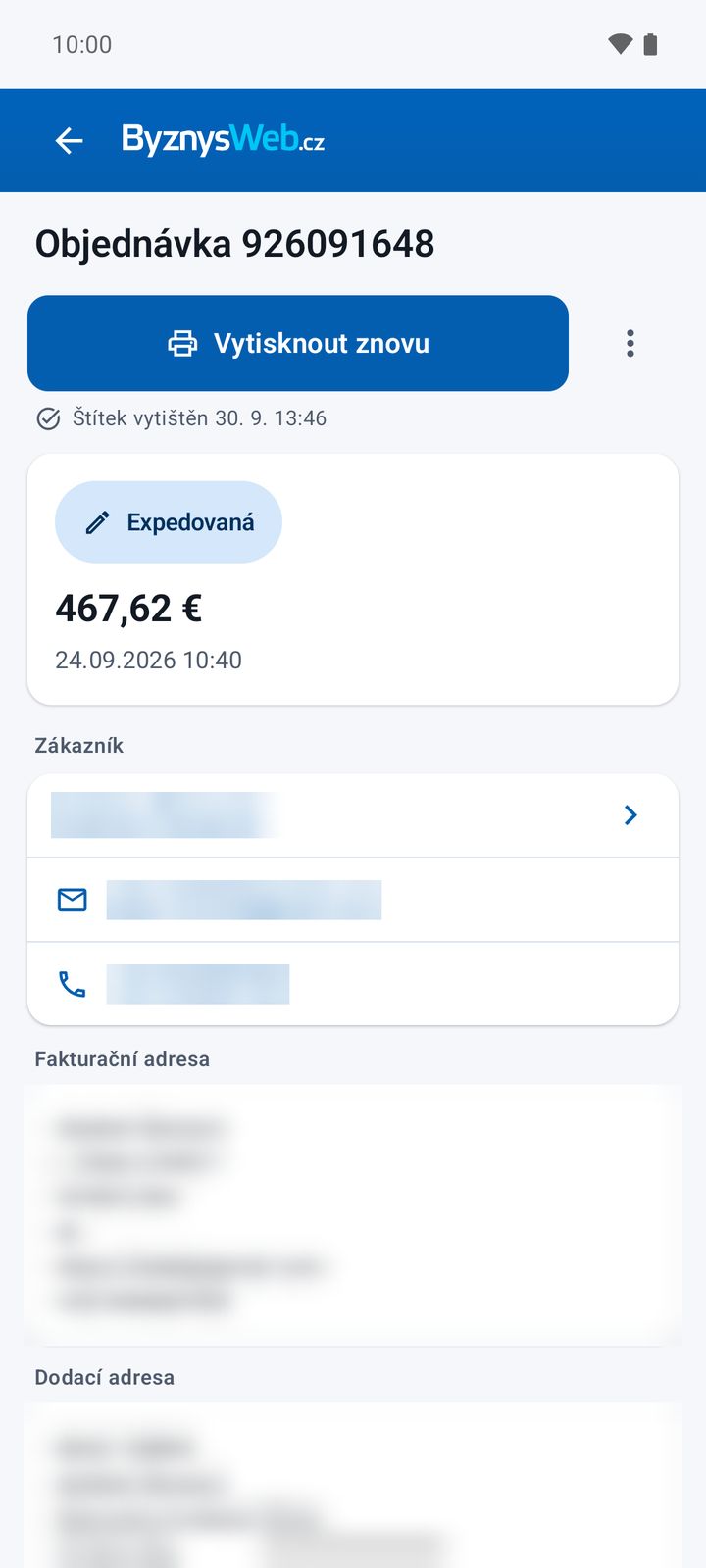 Detail objednávky – štítek, stav, zákazník a adresy