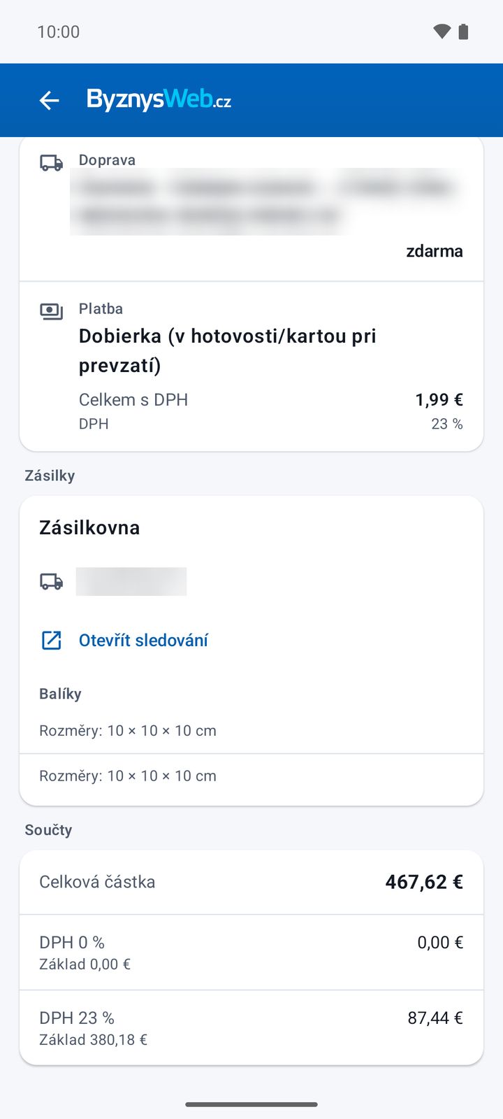 Doprava, platba, zásilka a součty