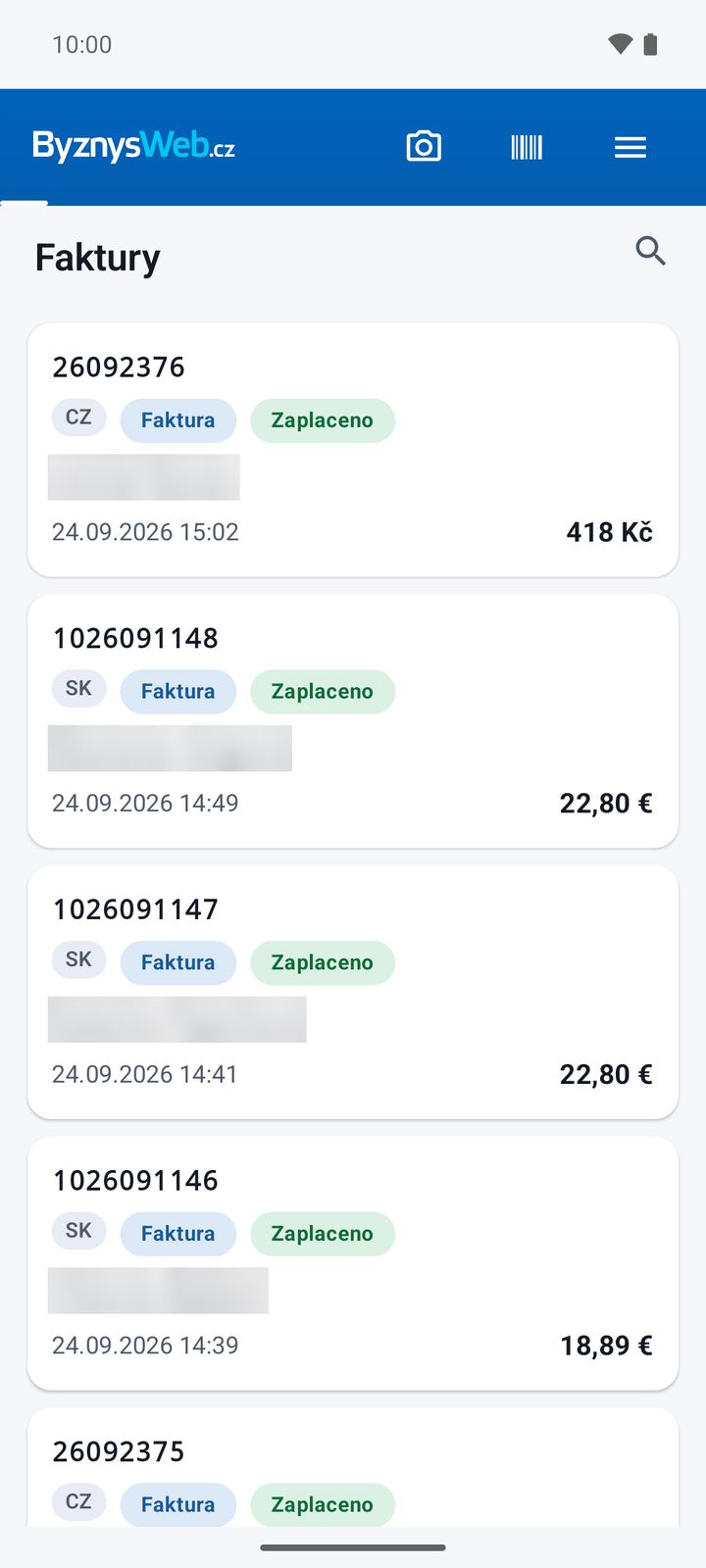 Seznam faktur se stavem úhrady