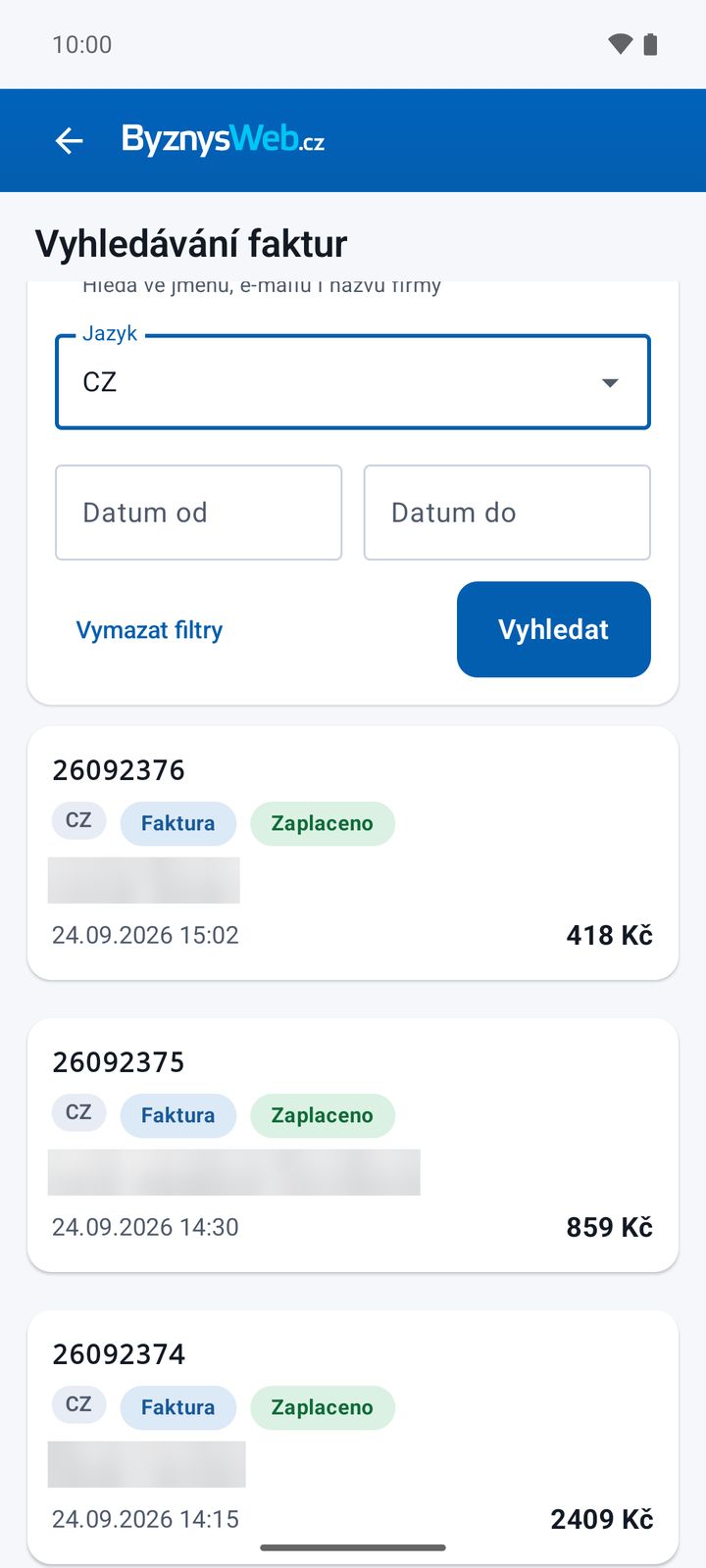 Vyhledávání faktur – filtr podle jazyka