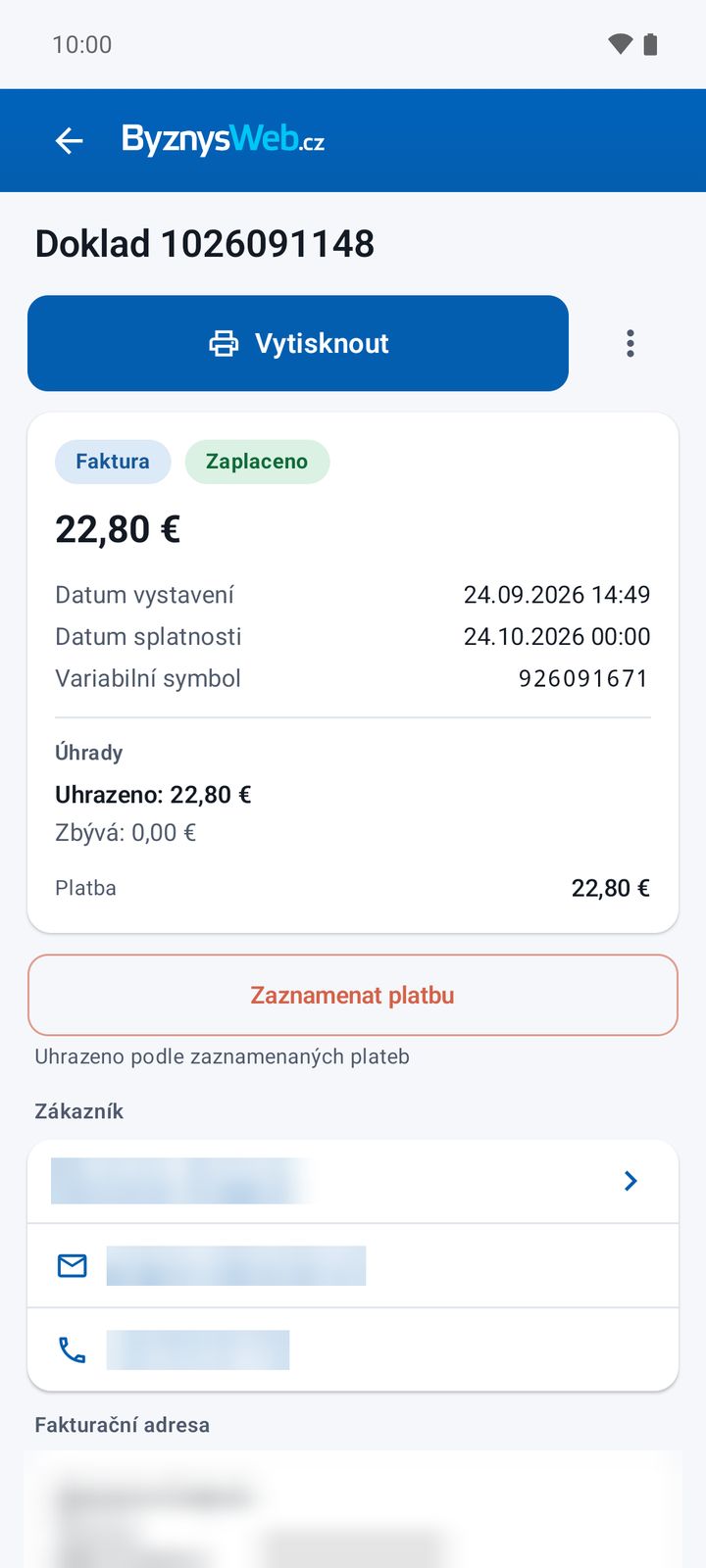 Detail faktury – úhrady a stav