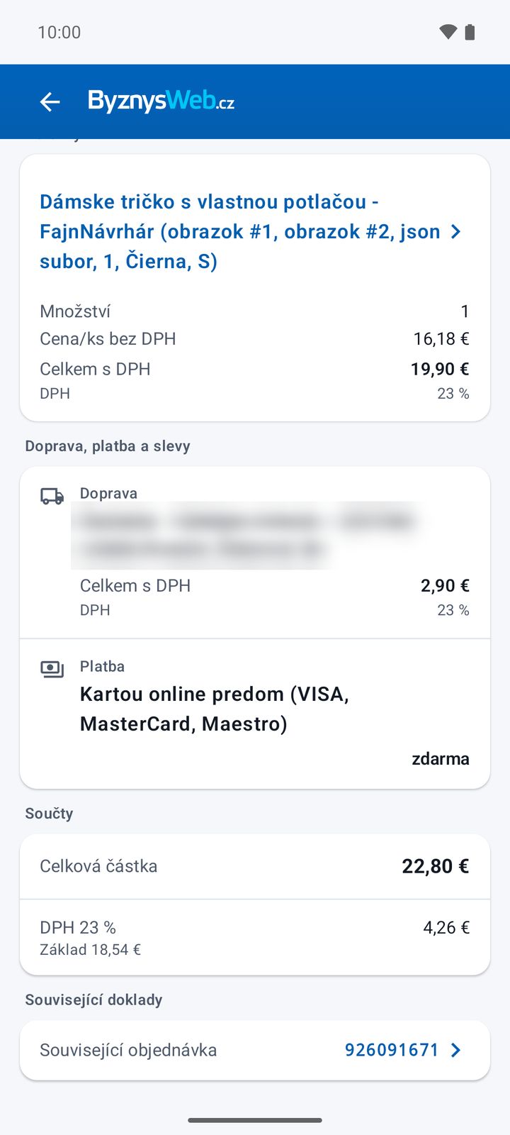 Položky, doprava a součty faktury