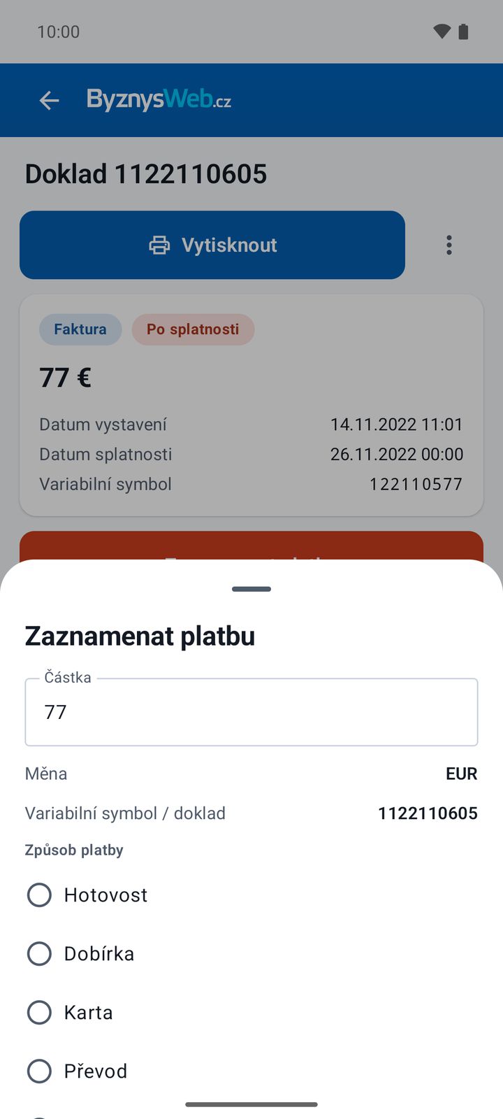 Zaznamenání platby k faktuře