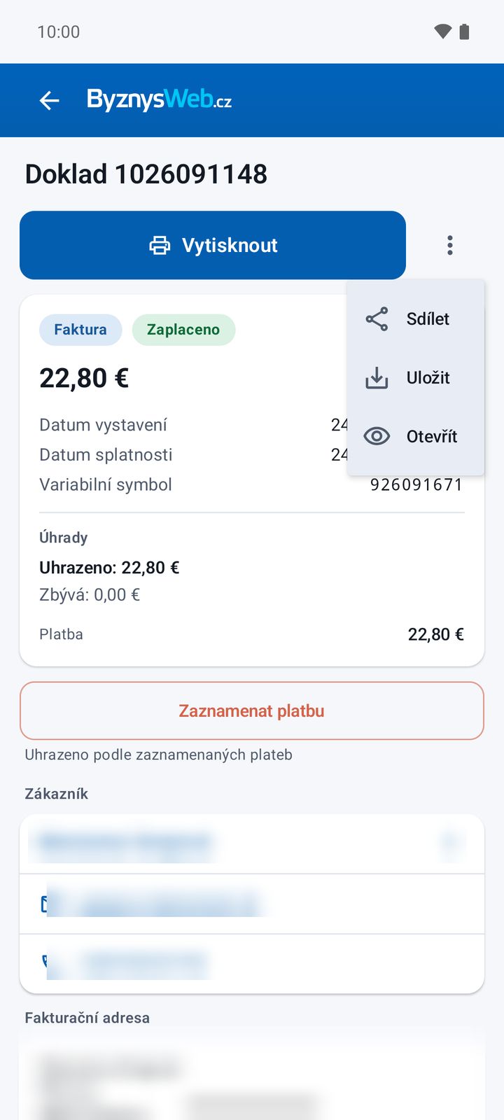 Tisk a nabídka Sdílet / Uložit / Otevřít