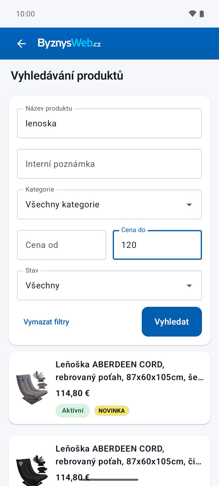 Vyhledávání produktů podle názvu a ceny