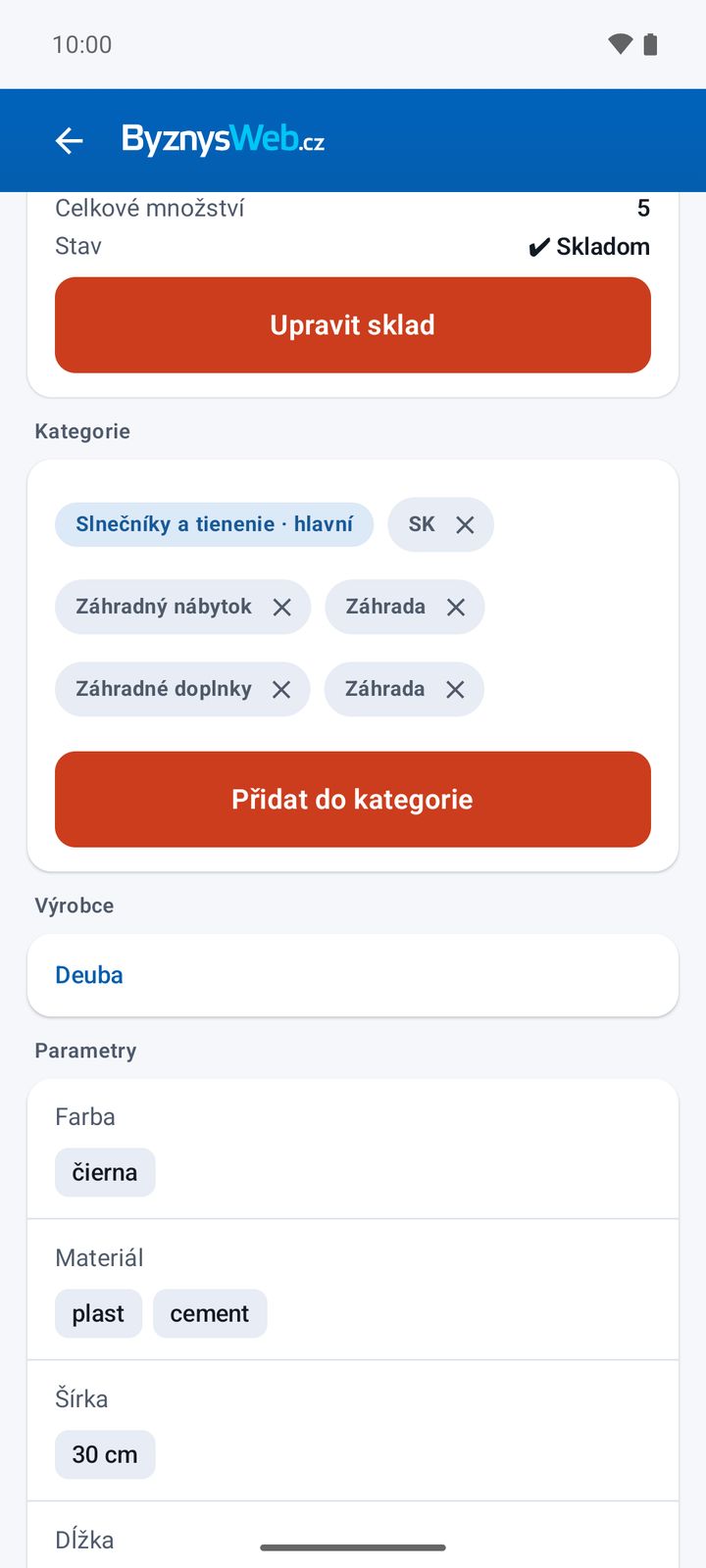 Kategorie, výrobce a parametry