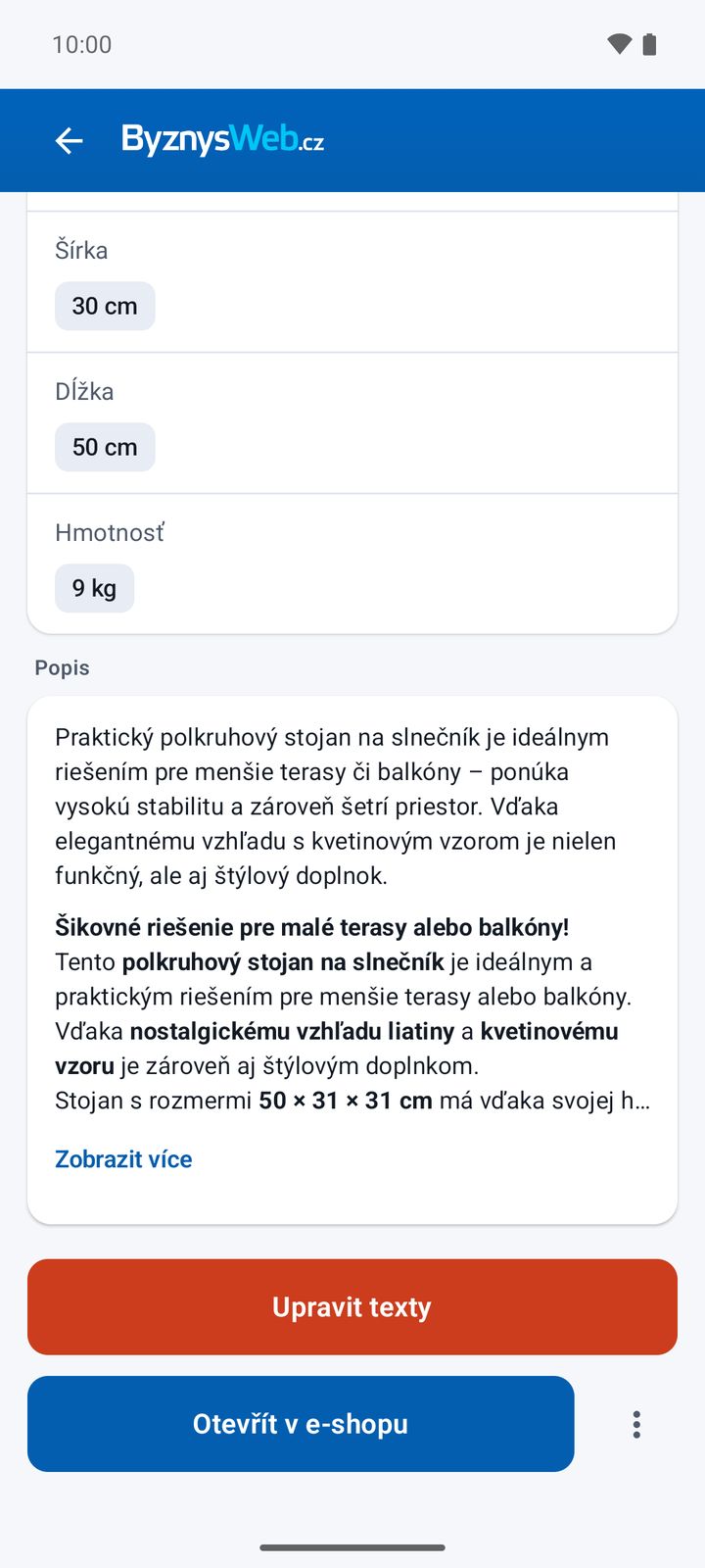 Popis, úprava textů a otevření v e-shopu
