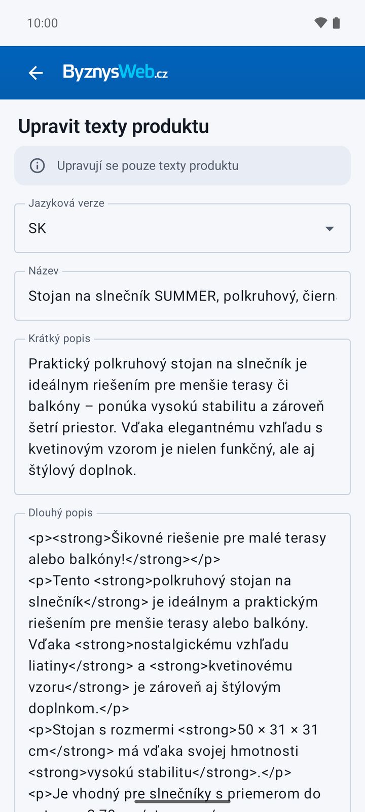 Úprava textů produktu