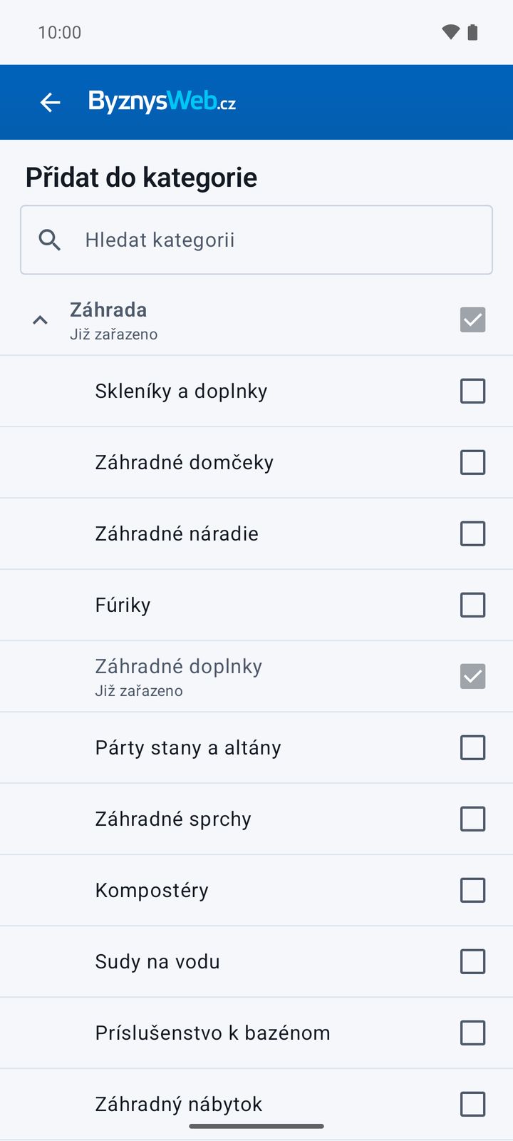 Výběr kategorie ve stromu