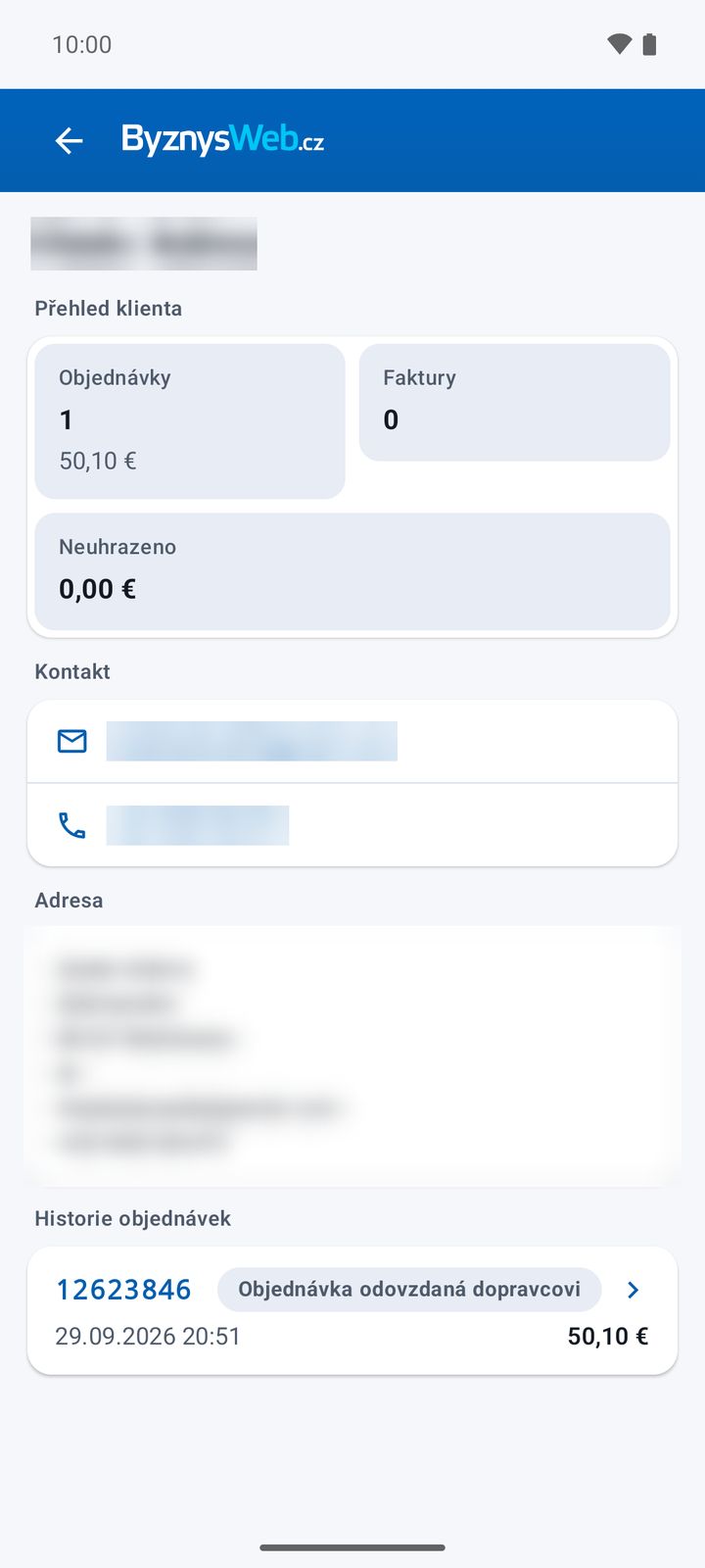 Přehled klienta – objednávky, faktury, kontakt