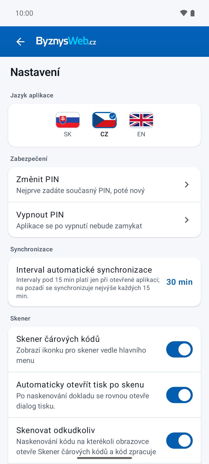 Jazyk aplikace, zabezpečení a synchronizace