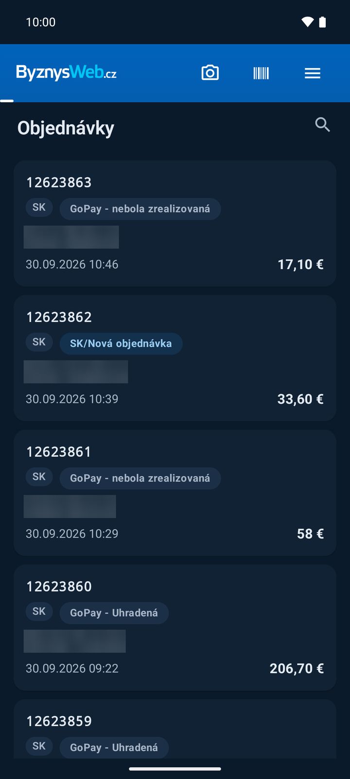 Objednávky v tmavém režimu